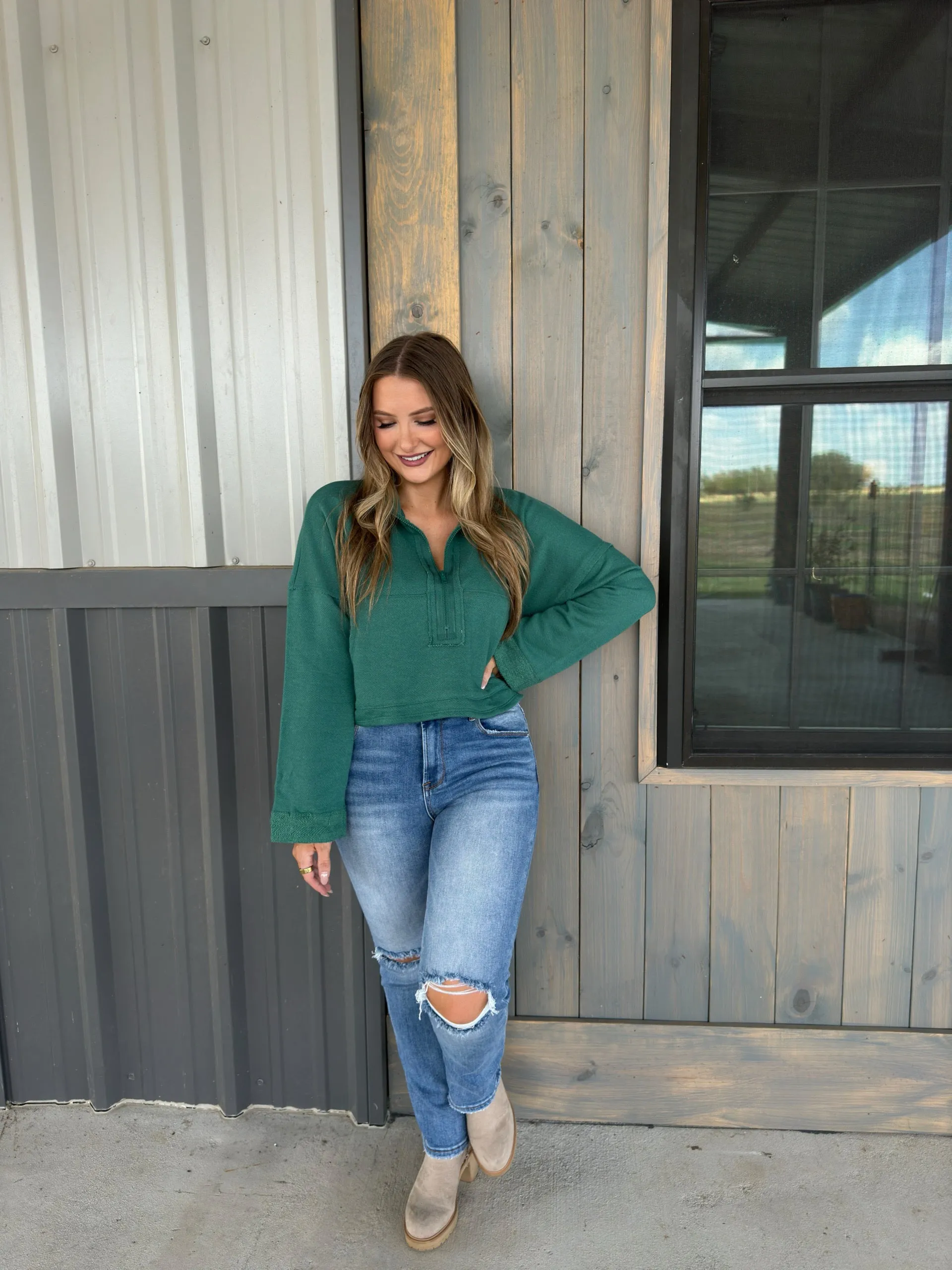 Hunter Zip-Up Crop Sweatshirt - Hunter Green