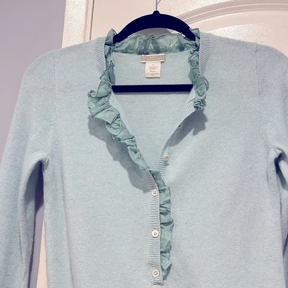J. Crew 100% Cashmere Mint Seafoam Green Button Front Ruffle Neckline Sweater S