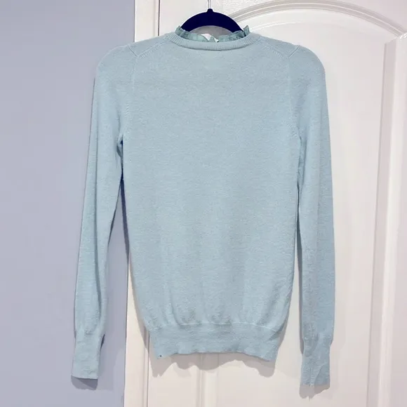 J. Crew 100% Cashmere Mint Seafoam Green Button Front Ruffle Neckline Sweater S