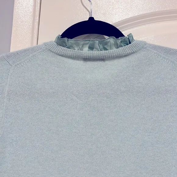 J. Crew 100% Cashmere Mint Seafoam Green Button Front Ruffle Neckline Sweater S