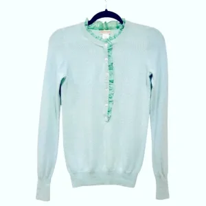 J. Crew 100% Cashmere Mint Seafoam Green Button Front Ruffle Neckline Sweater S