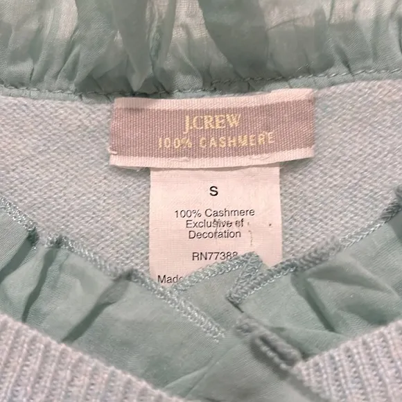 J. Crew 100% Cashmere Mint Seafoam Green Button Front Ruffle Neckline Sweater S