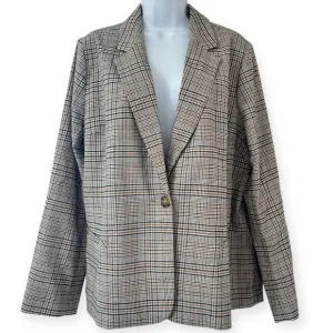 J JILL Jacket Blazer Houndstooth Plaid Tan Navy Oversized Trendy Size L NWT