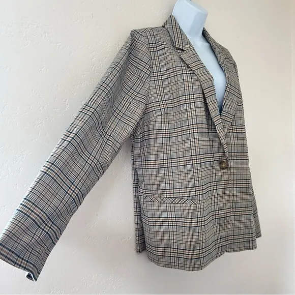 J JILL Jacket Blazer Houndstooth Plaid Tan Navy Oversized Trendy Size L NWT