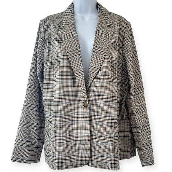 J JILL Jacket Blazer Houndstooth Plaid Tan Navy Oversized Trendy Size L NWT