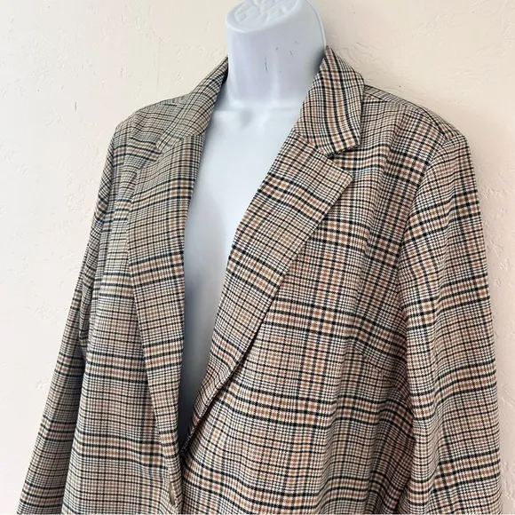J JILL Jacket Blazer Houndstooth Plaid Tan Navy Oversized Trendy Size L NWT