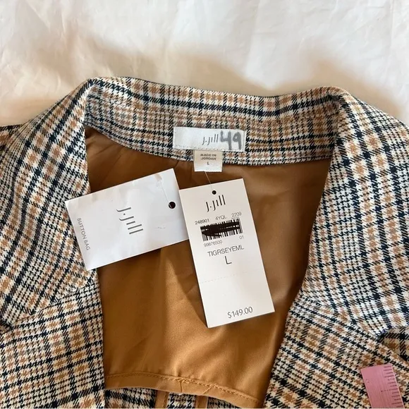 J JILL Jacket Blazer Houndstooth Plaid Tan Navy Oversized Trendy Size L NWT