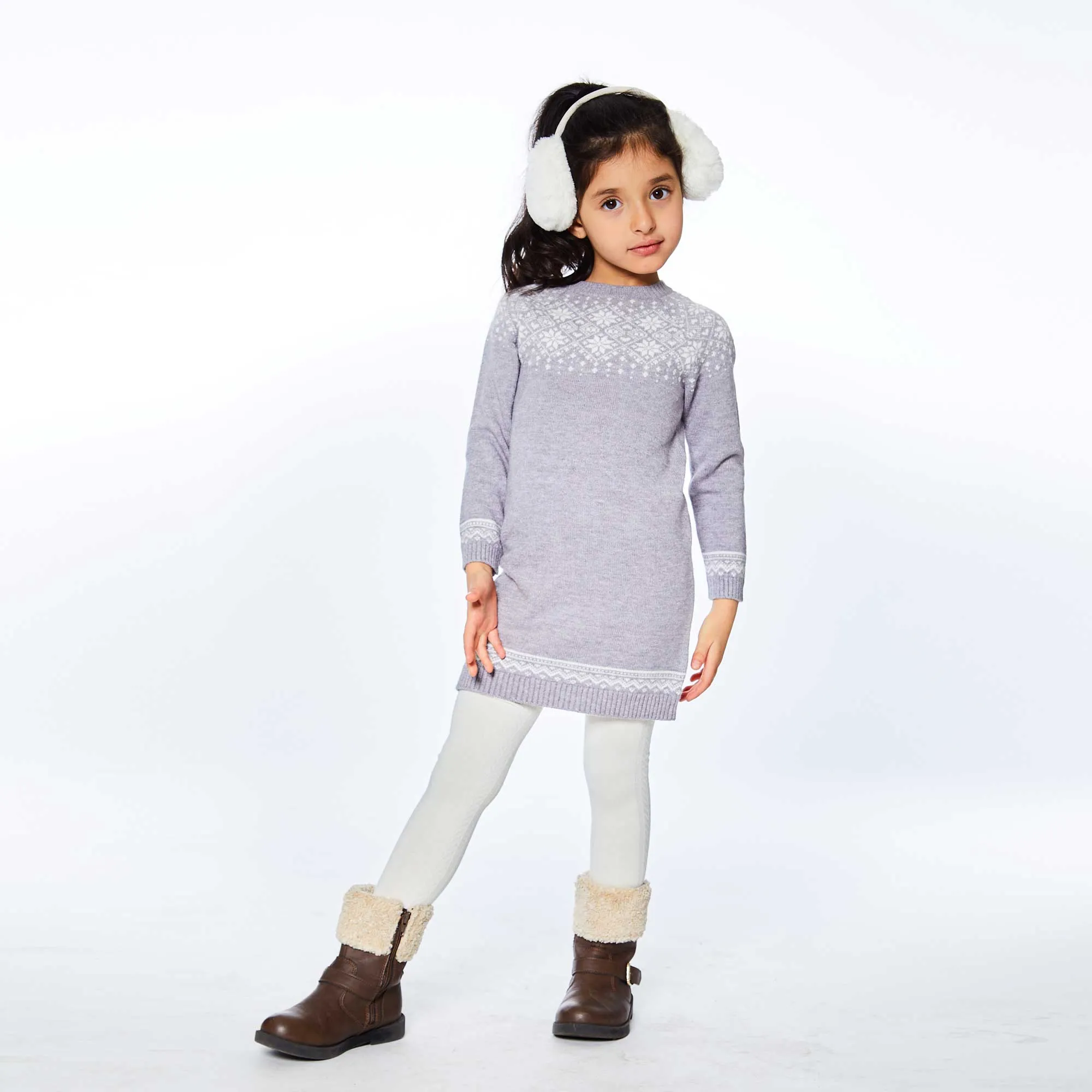 Jacquard Knitted Long Sleeve Dress Light Heather Grey