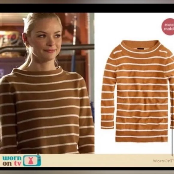 J.Crew Collection 100% Italian Cashmere Bateau Sweater 3/4 Sleeves Tan Stripe M