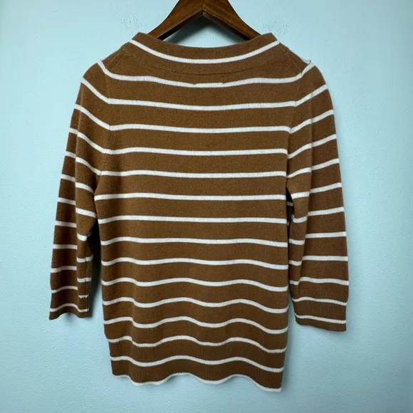 J.Crew Collection 100% Italian Cashmere Bateau Sweater 3/4 Sleeves Tan Stripe M