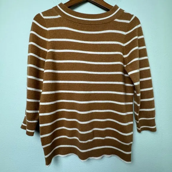 J.Crew Collection 100% Italian Cashmere Bateau Sweater 3/4 Sleeves Tan Stripe M