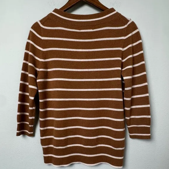 J.Crew Collection 100% Italian Cashmere Bateau Sweater 3/4 Sleeves Tan Stripe M