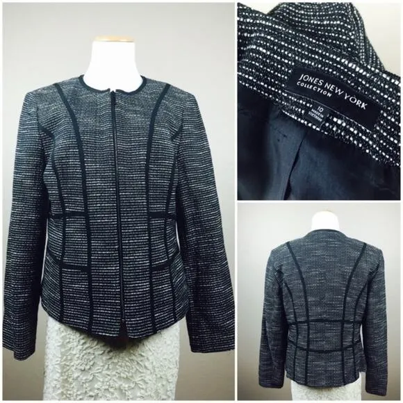 JONES NEW YORK Black Tweed Geometric Trim Zipper Blazer Jacket 10 MEDIUM Office
