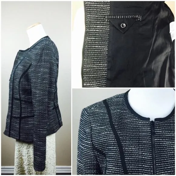 JONES NEW YORK Black Tweed Geometric Trim Zipper Blazer Jacket 10 MEDIUM Office