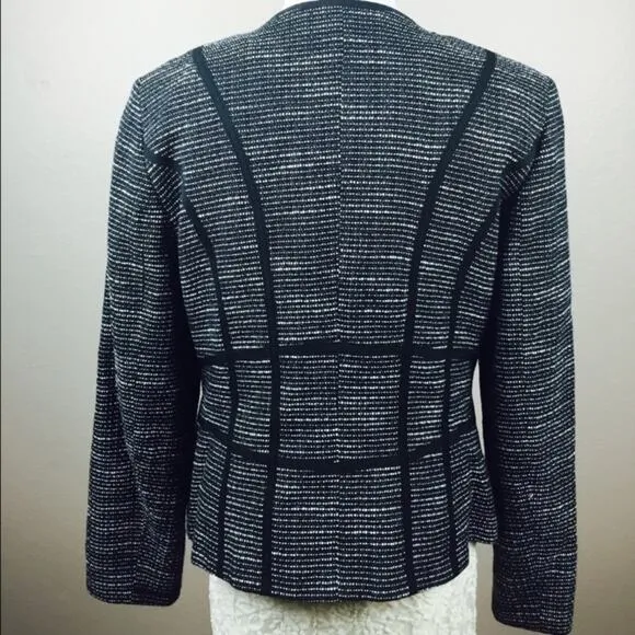 JONES NEW YORK Black Tweed Geometric Trim Zipper Blazer Jacket 10 MEDIUM Office