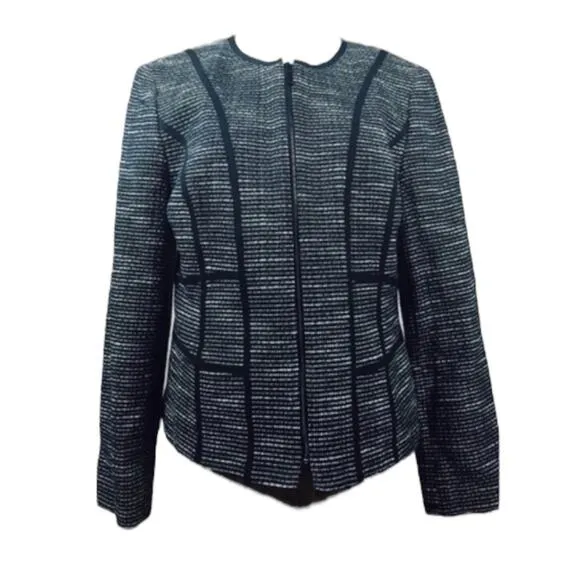 JONES NEW YORK Black Tweed Geometric Trim Zipper Blazer Jacket 10 MEDIUM Office