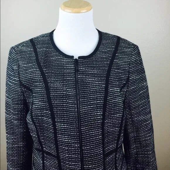 JONES NEW YORK Black Tweed Geometric Trim Zipper Blazer Jacket 10 MEDIUM Office