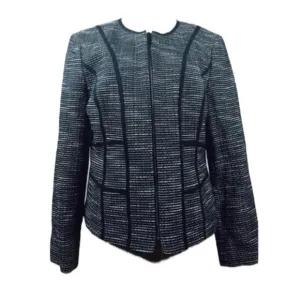 JONES NEW YORK Black Tweed Geometric Trim Zipper Blazer Jacket 10 MEDIUM Office