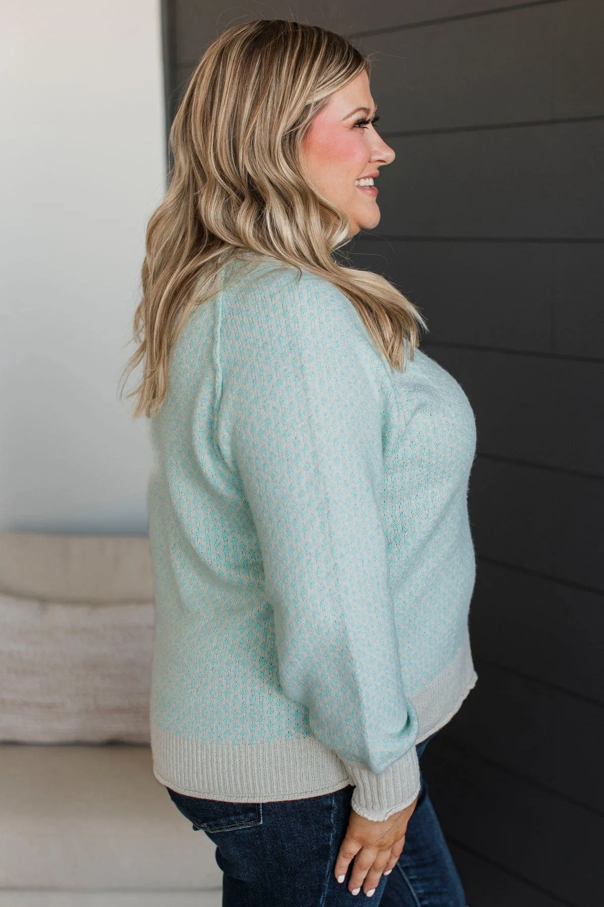 Just Stopping By Printed Knit Sweater- Light Aqua