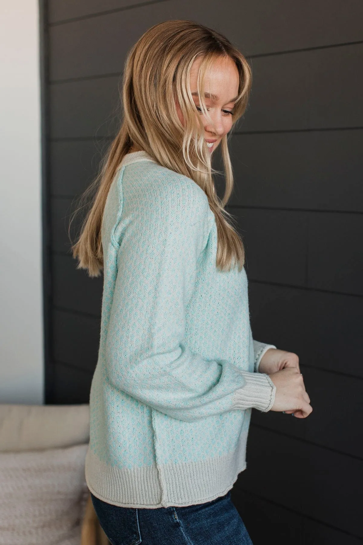 Just Stopping By Printed Knit Sweater- Light Aqua