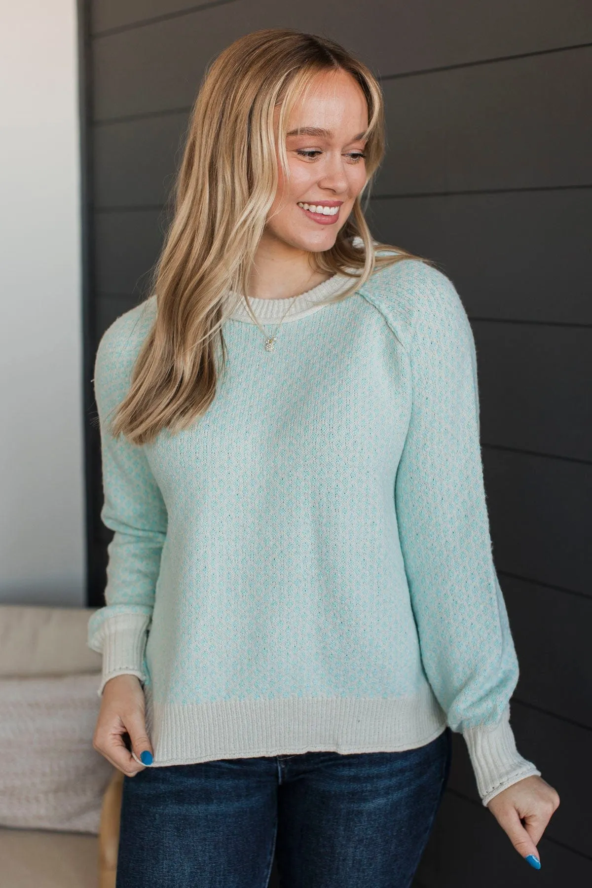 Just Stopping By Printed Knit Sweater- Light Aqua