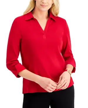 Karen Scott Petite 3/4-Sleeve Clip Dot Collar And Cuffs Knit Top