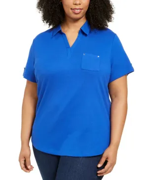 Karen Scott Plus Size Johnny Collar Cotton Knit Top