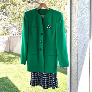 Kasper for ASL Vintage 2 Piece Skirt Suit, Women’s 10 Green w/ Houndstooth Skirt
