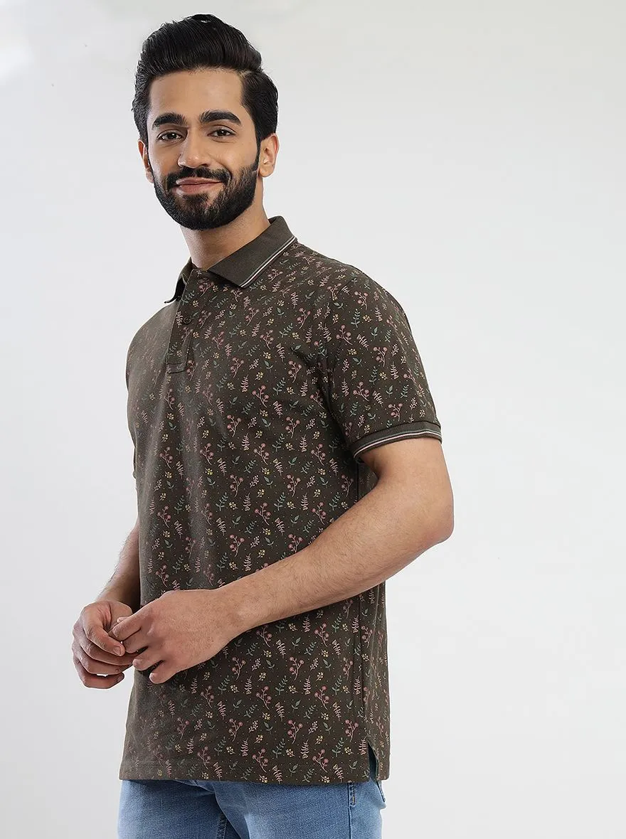Khaki Printed Slim Fit Polo T-Shirt | Greenfibre