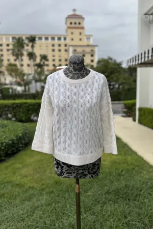 Kinross 3 Quarter Sleeve Pointelle Cable Crew in Ivory