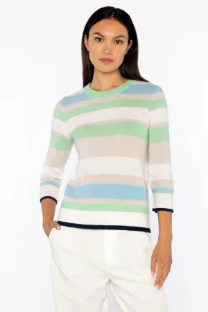 Kinross Three Quarter Sleeve Openwork Stripe Crew Sweater in Tranquil Multi