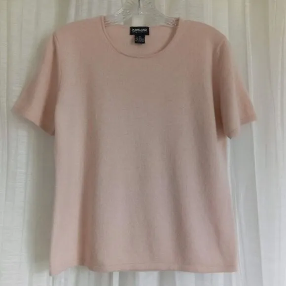 Kirkland 100% Cashmere Sweater 2 Ply Pink Shell Short Sleeve Scoop Neck Women M