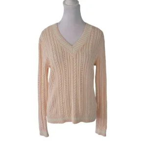 Lauren Ralph Lauren Size M Pink Loose Cable Knit Striped Hems V-Neck Sweater