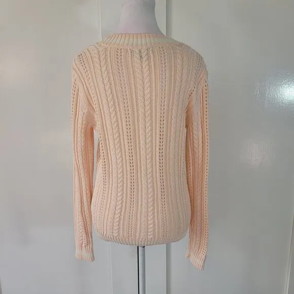 Lauren Ralph Lauren Size M Pink Loose Cable Knit Striped Hems V-Neck Sweater