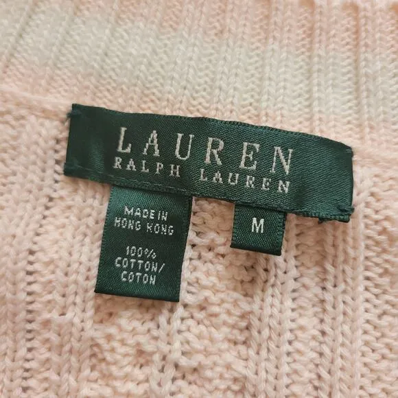 Lauren Ralph Lauren Size M Pink Loose Cable Knit Striped Hems V-Neck Sweater