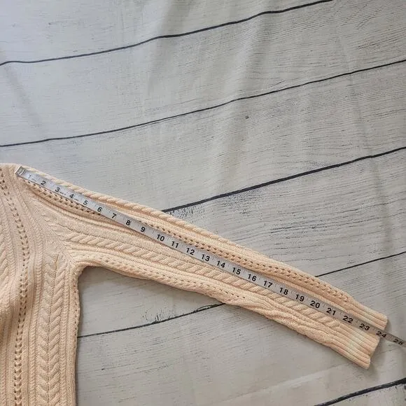 Lauren Ralph Lauren Size M Pink Loose Cable Knit Striped Hems V-Neck Sweater