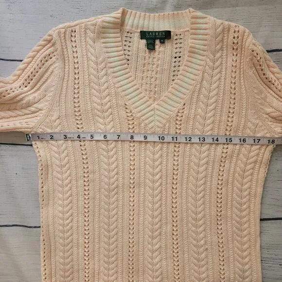 Lauren Ralph Lauren Size M Pink Loose Cable Knit Striped Hems V-Neck Sweater