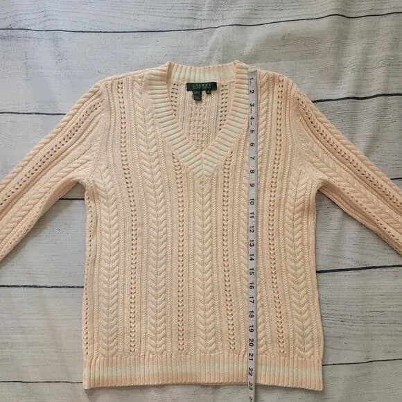 Lauren Ralph Lauren Size M Pink Loose Cable Knit Striped Hems V-Neck Sweater