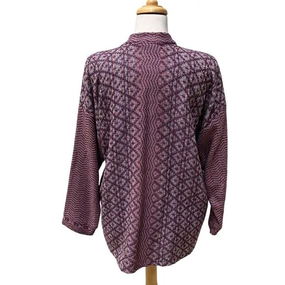 Leslie Wright Handwovens Cardigan Sweater S/M Purple Geometric Knit Cottagecore