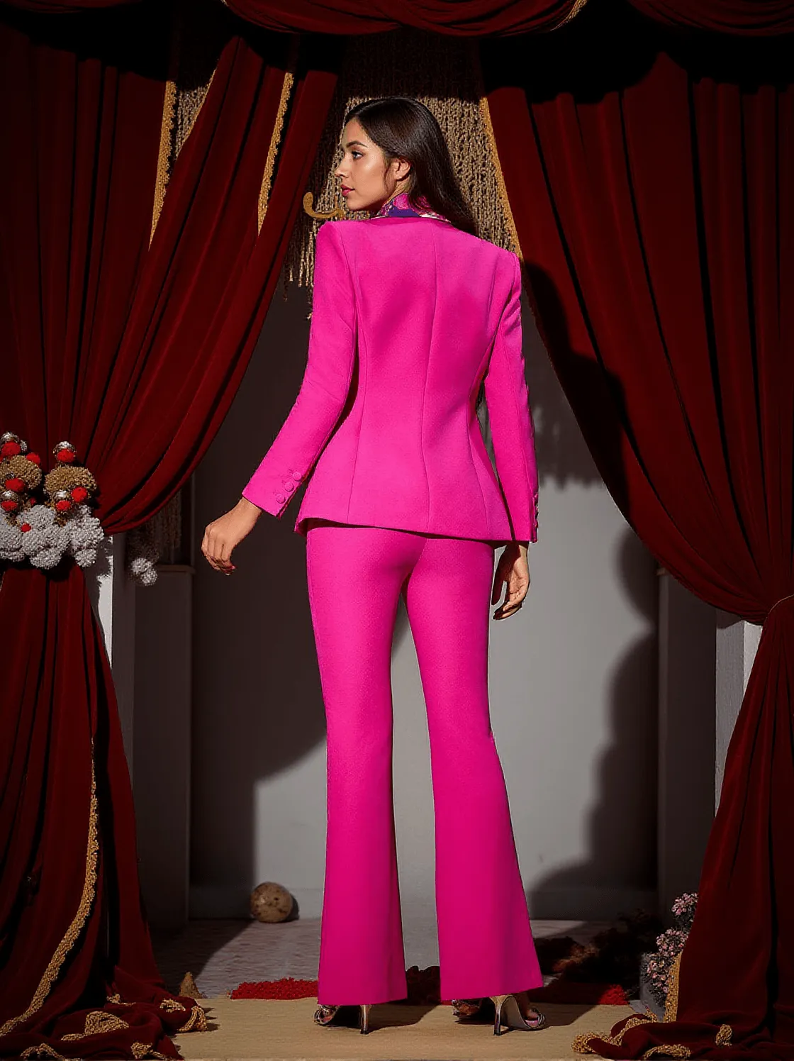 Lewa Hollow Collarless Blazer Set In Hot Pink