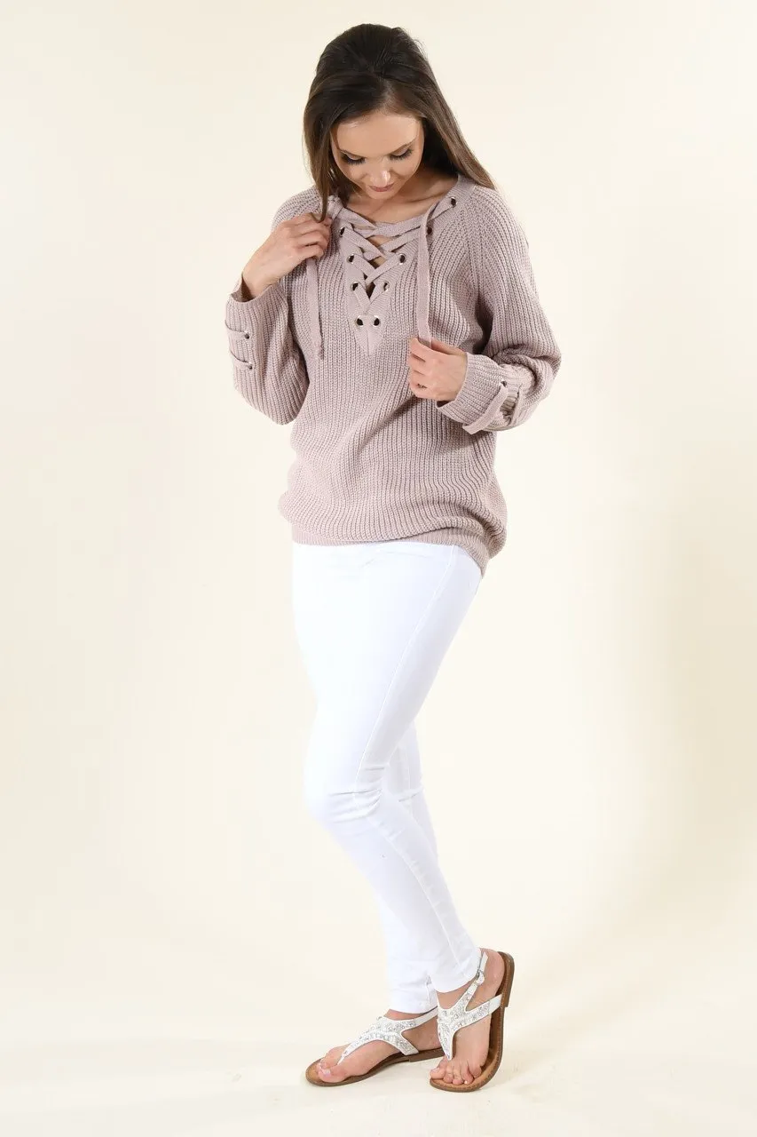 Light Lavender Lace Up Sweater