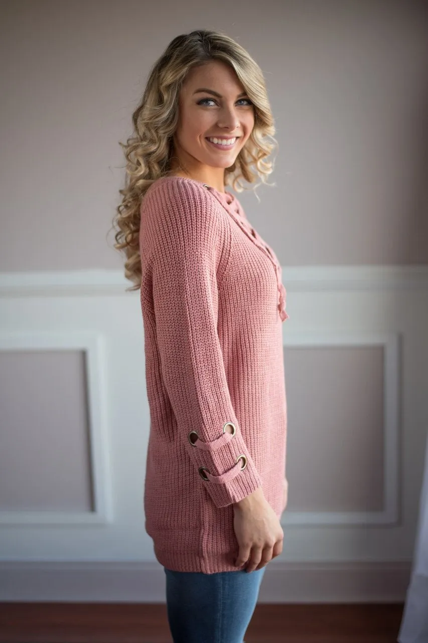 Light Salmon Lace Up Sweater