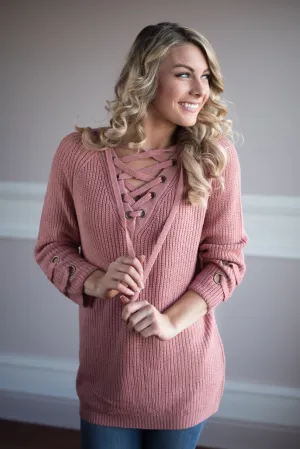 Light Salmon Lace Up Sweater