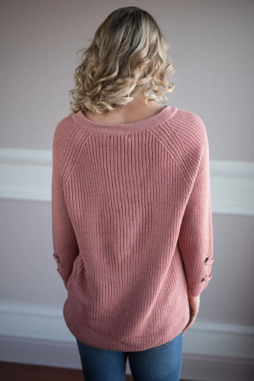 Light Salmon Lace Up Sweater