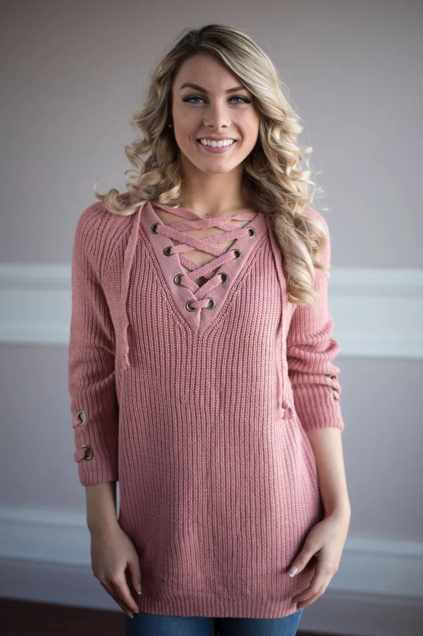 Light Salmon Lace Up Sweater