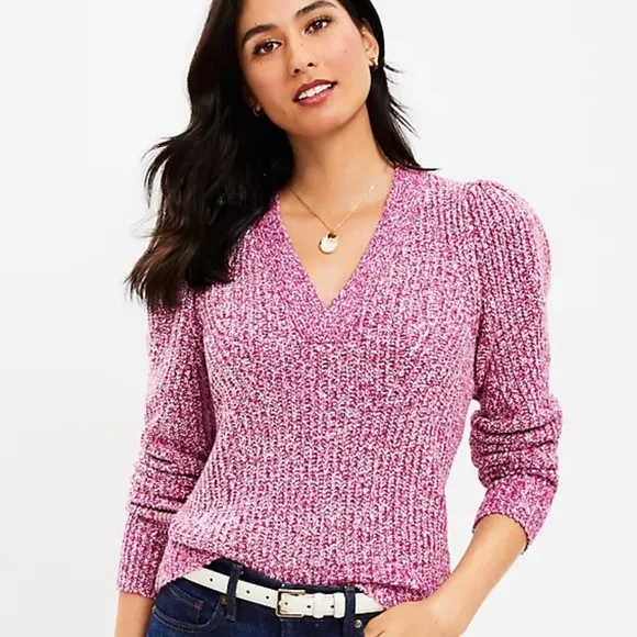 Loft Marled Ribbed V Neck Sweater in Light Fresh Magenta, Size Medium