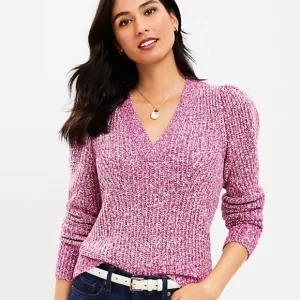 Loft Marled Ribbed V Neck Sweater in Light Fresh Magenta, Size Medium