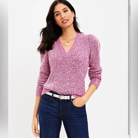 Loft Marled Ribbed V Neck Sweater in Light Fresh Magenta, Size Medium