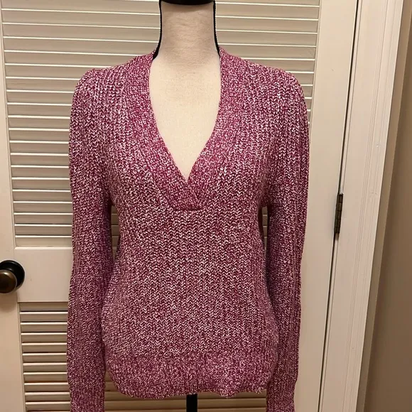 Loft Marled Ribbed V Neck Sweater in Light Fresh Magenta, Size Medium