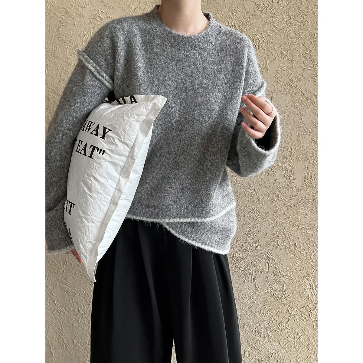 Loose Contrast Color Asymmetric Hem Sweater
